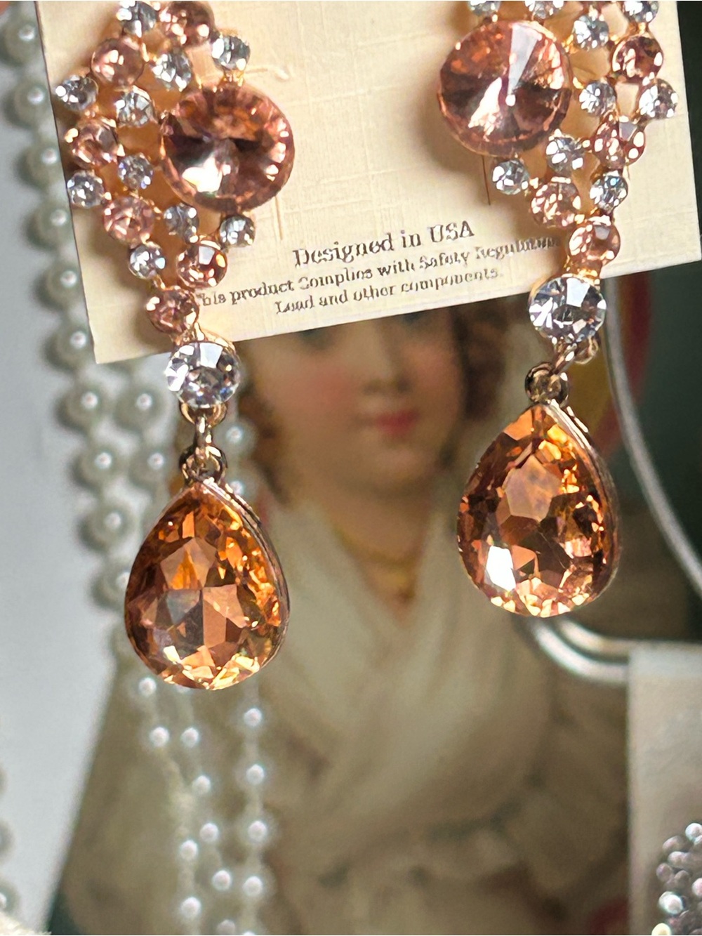 Elegant Peach Crystal Teardrop Drop Earrings -